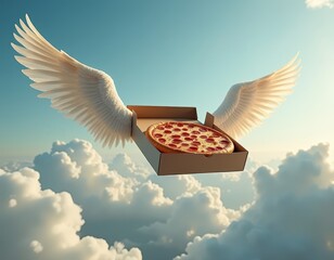 A whimsical scene of a pizza box with wings soaring through fluffy clouds, blending food imagery with a sense of fantasy and freedom.rated image