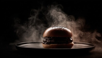 Gourmet burger on a dark plate, steaming