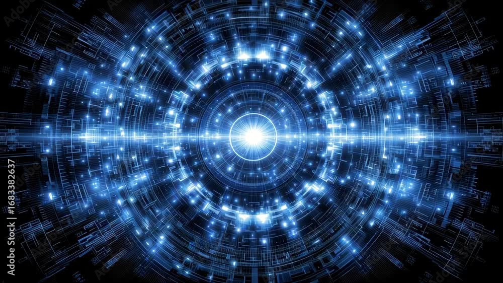 Aufkleber futuristic digital interface with glowing blue particles and circular patterns resembling a cosmic v