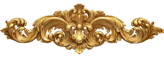 Ornate gold decorative trim.  Intricate, symmetrical design of gold carvings.  Flowing, elaborate scrolls and floral patterns create a rich, luxurious look.  Horizontal,  bold, and detailed