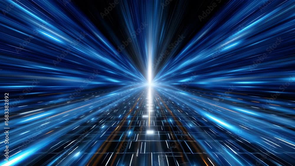 Poster futuristic digital interface with radiating blue lines and central light source