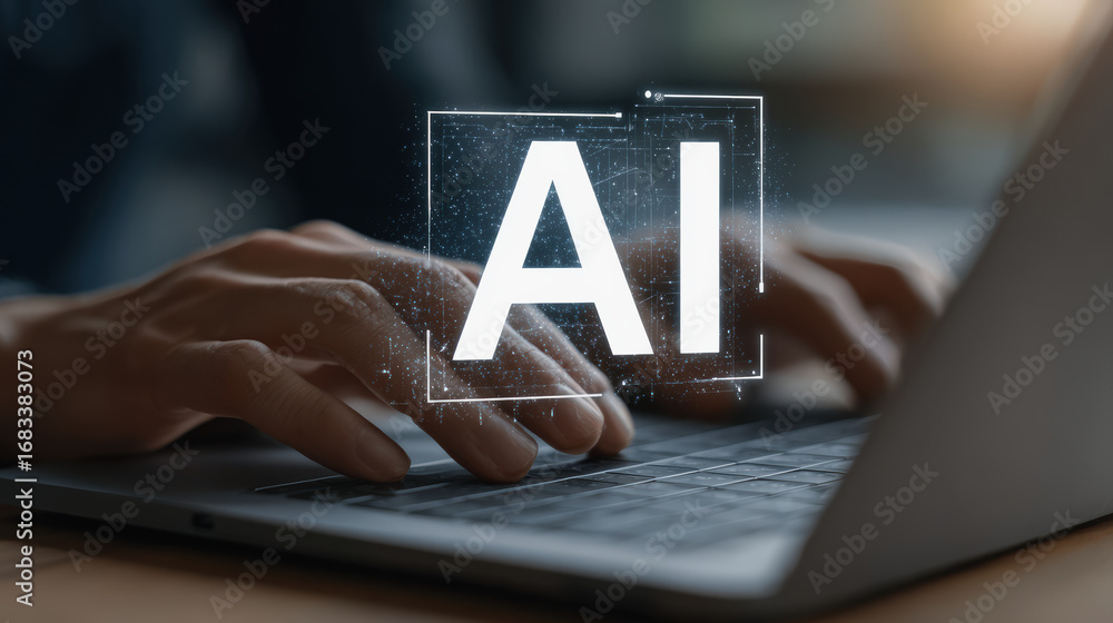 Poster hands typing on laptop with ai digital interface, showcasing technology and innovation in modern wor