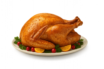 A Beautifully Roasted Turkey Garnished with Fresh Vegetables and Fruits, Perfectly Situated on a White Platter Ready for a Festive Feast isolated on white or transparent png
