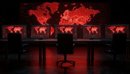 Futuristic command center with red world map displays