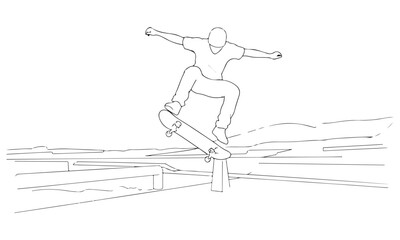 Dynamic Line Art of a Skateboarder Performing a Trick on a Ledge