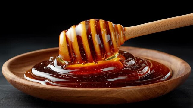 Golden Honey Dripping from Wooden Dipper into Glossy Pool on Dark Surface