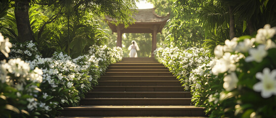AI generator images of blooming of white flowers, path between the beautiful blooming rhododendrons and camellias in the botanical garden in autumn.