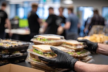 Hands in black gloves stacking pre packaged sandwiches for catering.