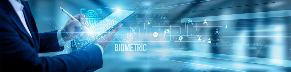 The security analyst team is using a tablet and analyzing biometric systems, fingerprint recognition facial authentication identity verification automation compliance security digital monitoring.