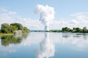 Large cloud of smoke is rising from a power plant