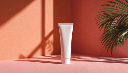 Cosmetic tube on coral backdrop