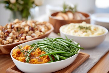 Table with a variety of food, including a white bowl of mashed potatoes