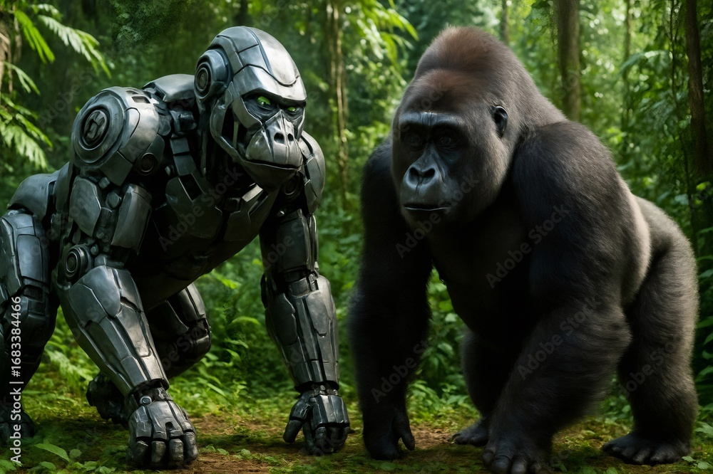 Poster robotic gorilla is imitating a real gorilla in the jungle, showcasing advanced robotics and artifici