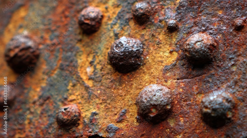 Poster close-up of a rusty metal surface featuring textured rivets that highlight deterioration and aging, 