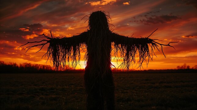 Scary silhouette of a Halloween scarecrow against a dramatic orange and red sunset field, made with natural materials. - Powered by Adobe