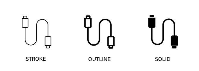 Cable icons for charging, phone, computer, connection, data transfer, battery charging, accessories