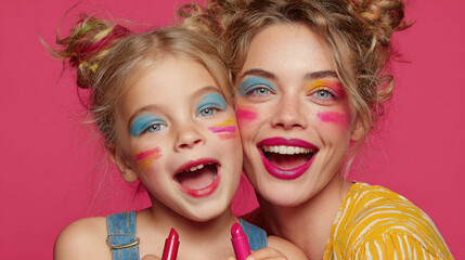Fototapeta premium mother and daughter with beautiful makeup paint each other with lipstick on pink background, woman and girl have fun, mom and child, beauty salon, mother's day