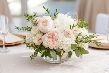 Table with a vase of flowers in the center