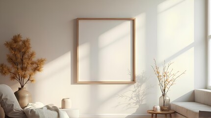 An empty picture frame decorated with potted plants and furniture with sunlight shining through.