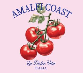 Tomato pomodoro italy Italian European euro  juicy food gourmet Amalfi euro summer Mediterranean Vector illustration slogan tshirt tee clothing trendy fashion design logo