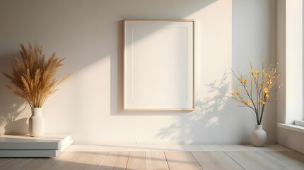 An empty picture frame decorated with potted plants and sunlight.