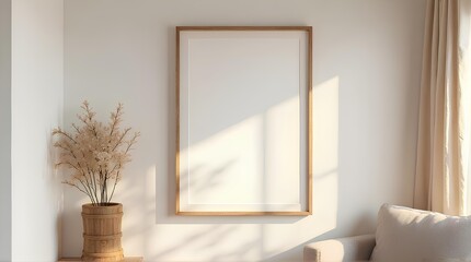 Empty picture frames and potted plants, a white sofa with morning light.