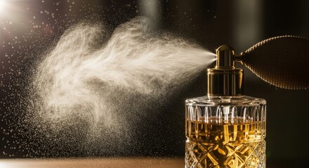 Capture the allure of fragrance with this elegant perfume bottle spraying a mist of luxury scent