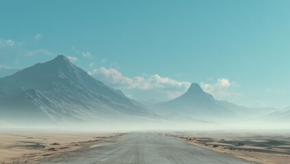 Dusty desert road leading to mountains under a clear sky