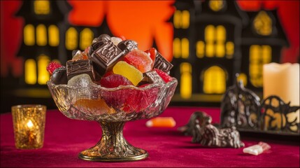 Halloween vintage candy bowl with assorted chocolates and gummy treats on crimson tablecloth, candlelit glow and haunted house silhouette background, nostalgic spooky mood