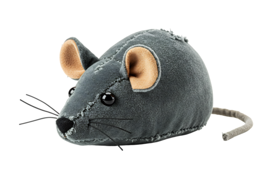 グレーの布製ネズミ　柔らかな質感　背景黒　クローズアップ