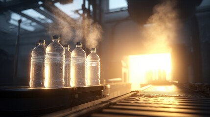Plastic Bottles on Conveyor Belt in Industrial Setting