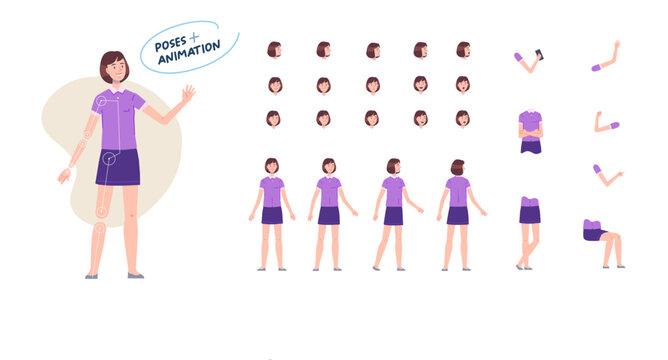girl character for animation. Creation set with various views, face emotions, poses and gestures.