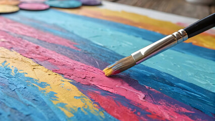 Close-up of a paintbrush applying vibrant pink paint onto a colorful abstract artwork.