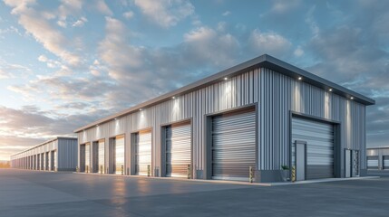Compact metal self-storage units with an industrial warehouse exterior, resembling modern rental garages.
