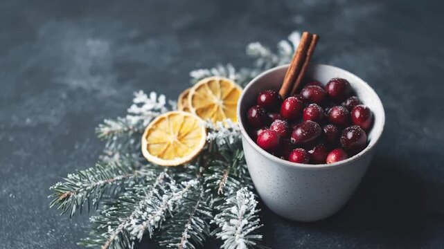Festive cranberries in a bowl evoke a cozy holiday mood, surrounded by frosted pine branches and dried citrus slices, blending winter warmth with rustic charm