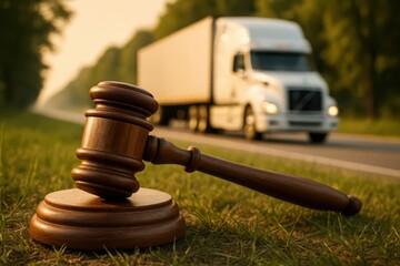 Justice served trucking legal authority gavel on grassy roadside with semi truck