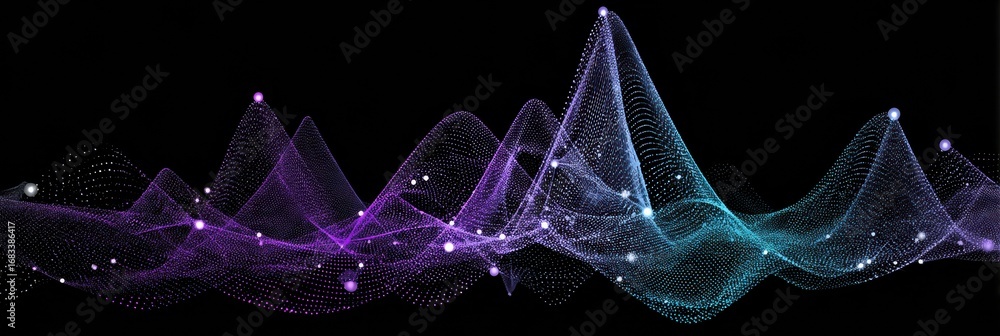 Poster digital representation of sound waves in vibrant colors flows across a black backdrop, creating an a