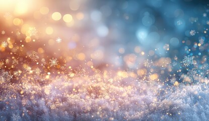 Fototapeta premium Winter wonderland bokeh background. Soft, warm golden lights, and cool blue tones intermingle, creating a festive backdrop. Snowflakes and glittering particles dance across the image