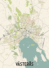 This is a detailed map of Vasteras, Sweden, featuring a network of roads, green spaces, and urban areas. The city layout is depicted with fine lines and subtle color variations