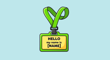 Cartoon illustration of a green name badge with a lanyard, featuring the phrase 'Hello my name is' for introductions at events