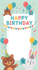 Obraz premium Adorable cartoon bear and rabbit celebrating with a festive birthday party invitation template and photo frame