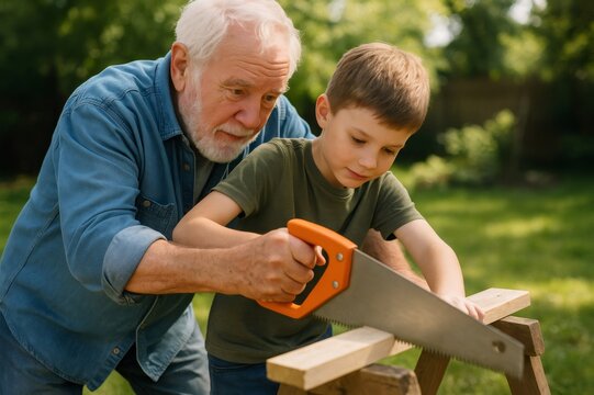 Grandfather carefully assisting grandson learning to saw wood outdoors, fostering family bond and passing down traditional skills