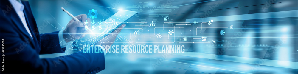 Aufkleber the erp consultant team is using a tablet and analyzing enterprise resource planning systems, automa