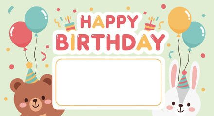 Happy Birthday Celebration with Cute Bear and Bunny Illustration