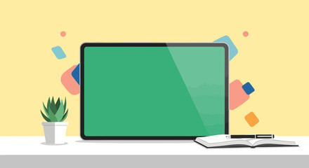 Creative workspace concept with a digital tablet mockup featuring a green screen, notebook, and plant on a modern desk