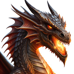 Fierce dragon head breathing fire with glowing eyes isolated on a transparent background 1
