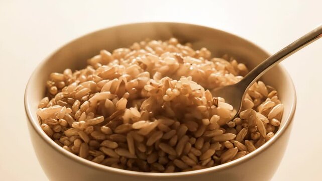 Bowl of Fluffy Cooked Brown Rice for a Healthy Meal at Lunchtime in the Kitchen