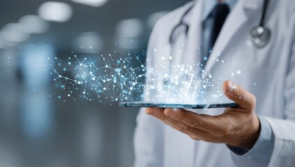 Doctor holding tablet with digital network graphic