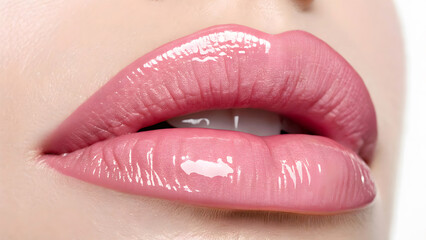 A detailed macro photograph of a woman's full, plump lips adorned with shiny pink lip gloss.