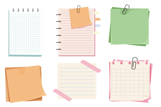 Different note papers, memo pages with paper clip and adhesive tape. Set sticky remind blanks, sheets, stickers. Checklist ripped torn edge paper.